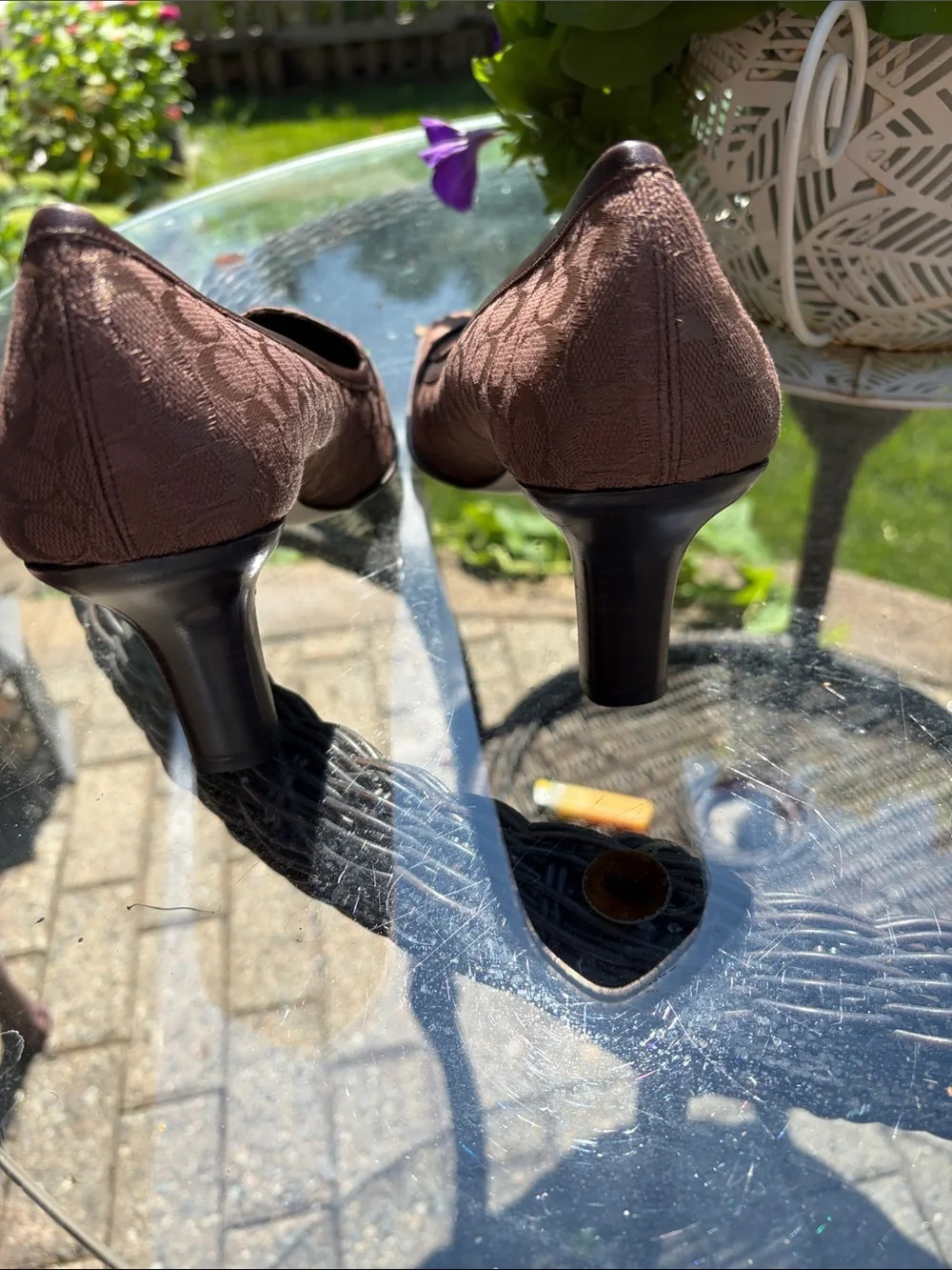 Coach Brown Logo Canvas Buckle Pump Heels
